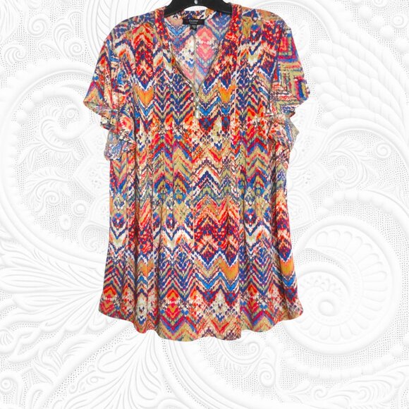 Cocomo 1X Plus Size Short Sleeve Chevron Print Tunic Top - Picture 2 of 4